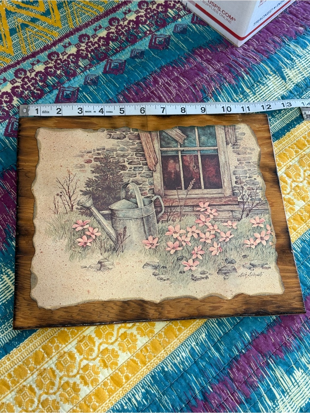 Vintage Garden Scene Wall Art On Wood With Hanger - Homemade